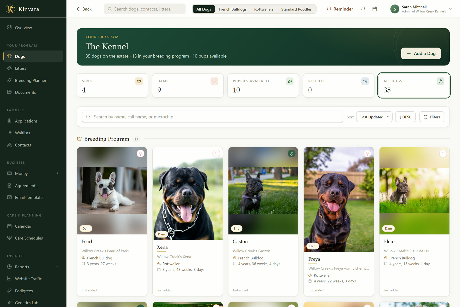 Kinvara dog breeding software — dogs page
