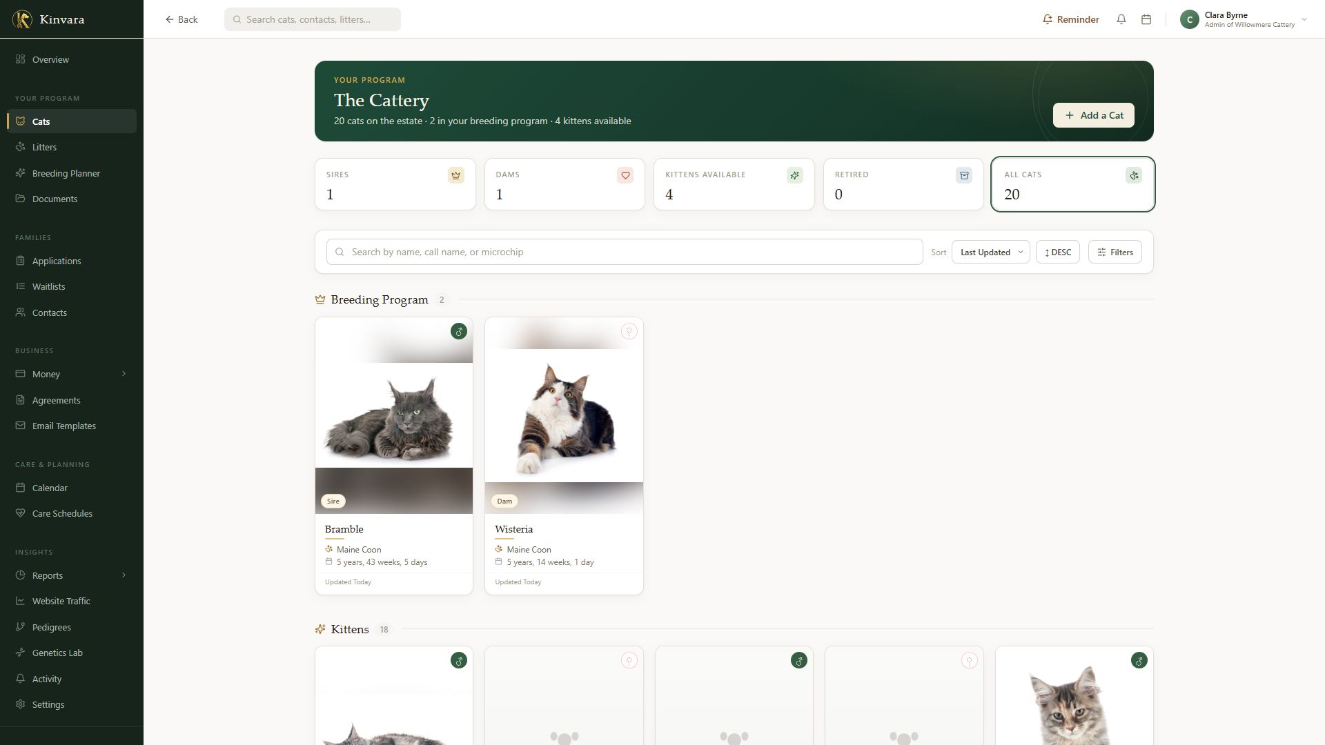 Cattery software — Kinvara cats page with breeding program, kittens available, and TICA-ready records